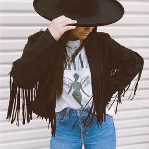 Jackets & Blazers - Black Tassel suede women fringe jacket long sleeve jacket boho festival